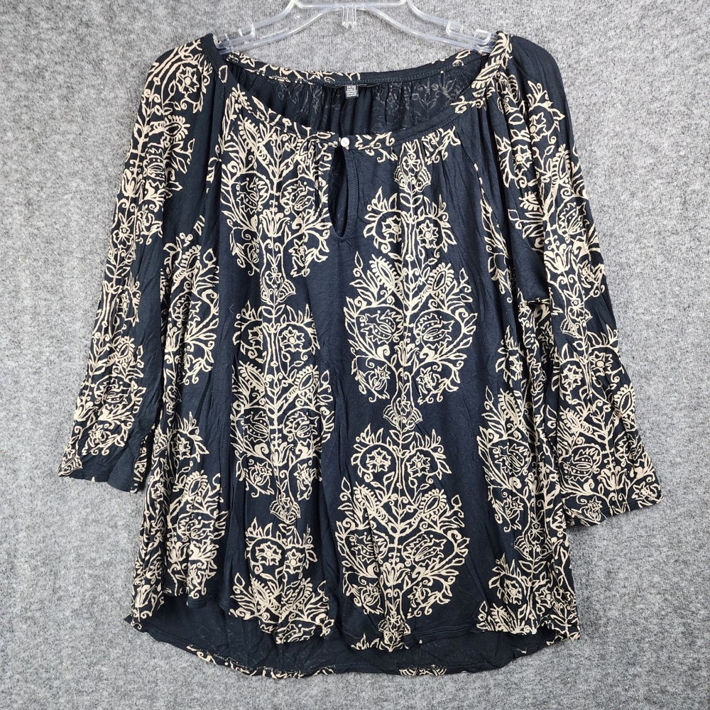 Lucky Brand Blouse Womens 1X Black Tan Damask Floral Keyhole 3/4 Sleeve EUC